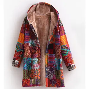 Women’s boho patchwork mid-length hooded coat with colorful ethnic print, fleece-lined—cozy, warm, breathable, unique casual outerwear with side details