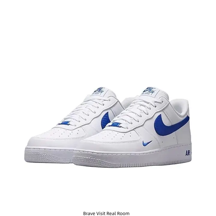 All White Royal Blue Swoosh Retro Low Top Air Force Casual Sneakers White Rubber Outsole Smooth Leather Daily Walking Shoes for Men Women Street Fashion Trainers