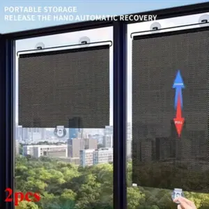2pcs Mesh Half-Translucent Roller Blind, No Punching Suction Cup Fixed, Easy Install Curtain, Free Extensible, Heat Insulation Sunshade Privacy Curtain, Thermal Insulated Curtain