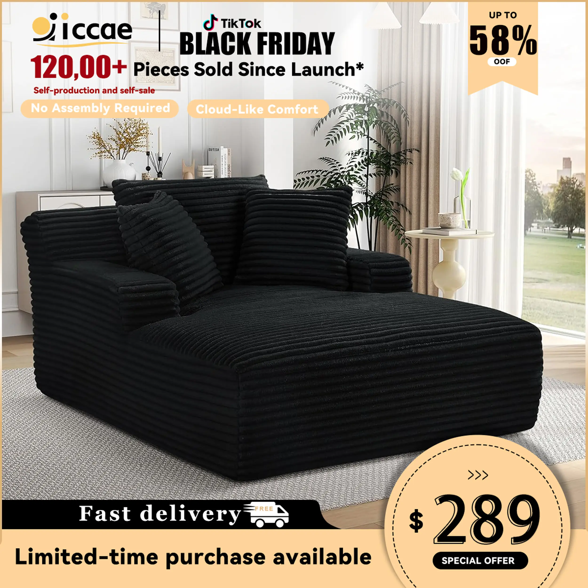 【2026 New Year Sales】 Niccae 50" Chaise Lounge Indoor Corduroy Upholstered Plush Sofa Bed with 3 Throw Pillows Armrests No Assembly Required for Living Room Apartment , living room furniture