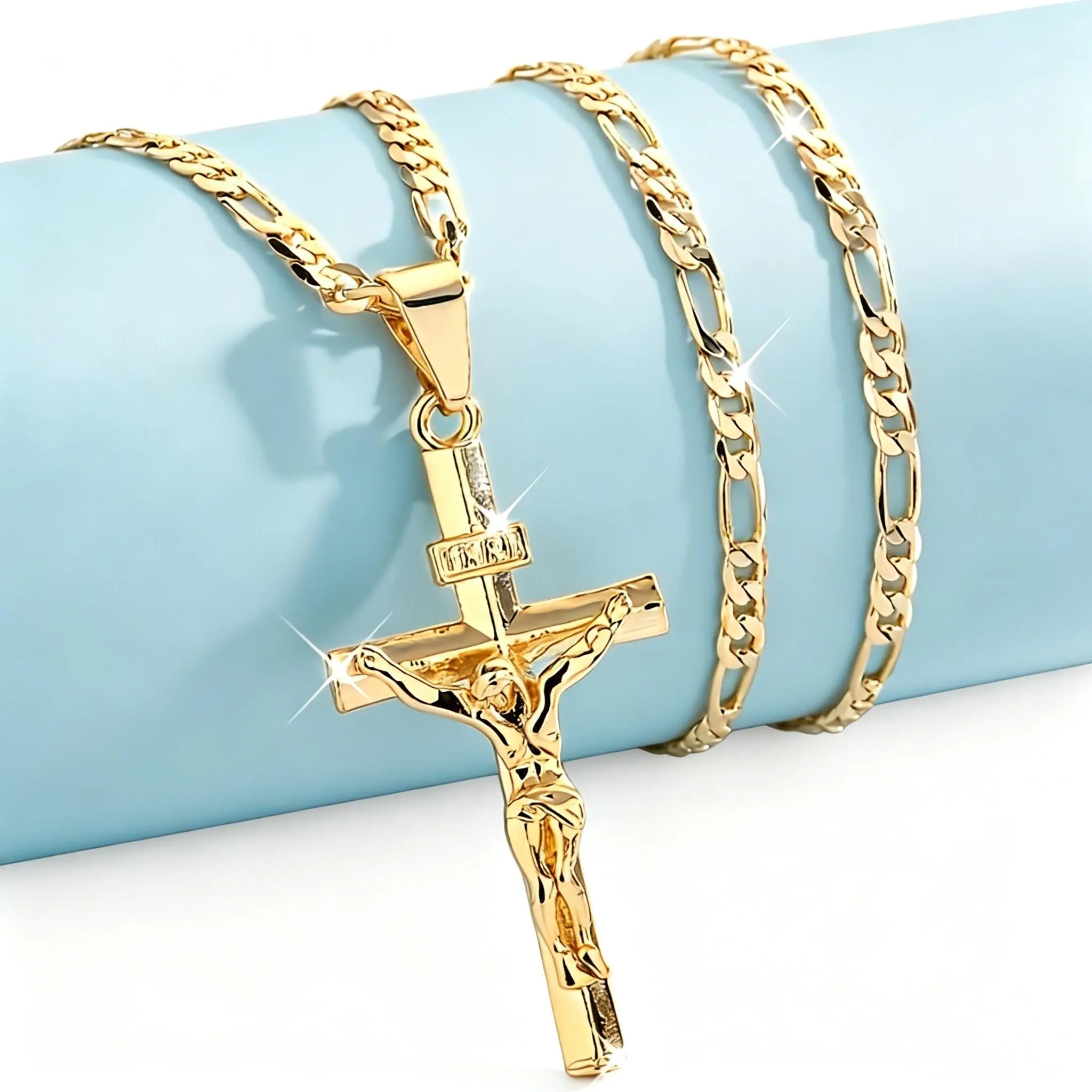 14K Gold Plated Jesus Crucifix Cross Necklace for Men Classic Figaro Chain Religious  Jewelry Gift fashion unisex  faith pendant