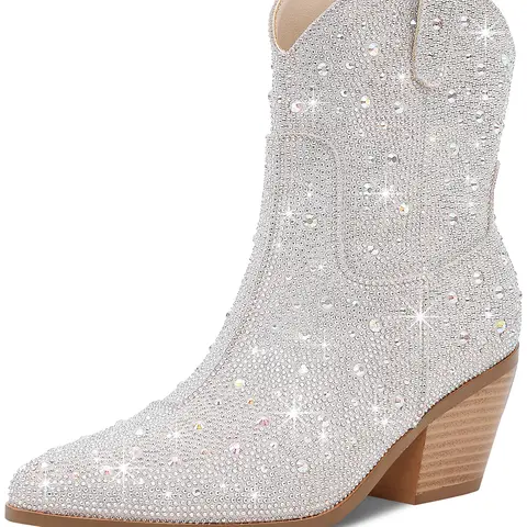 RONILURN Women's Pointed Multicolor Rhinestone Cowboy Ankle Booties - Modest Block Heel, Glitter, Western Outlaw Cowboy Aesthetic, Side Zipper, All-Season Comfortable Heels for Women, Country Concert Outfit,outdoorfun