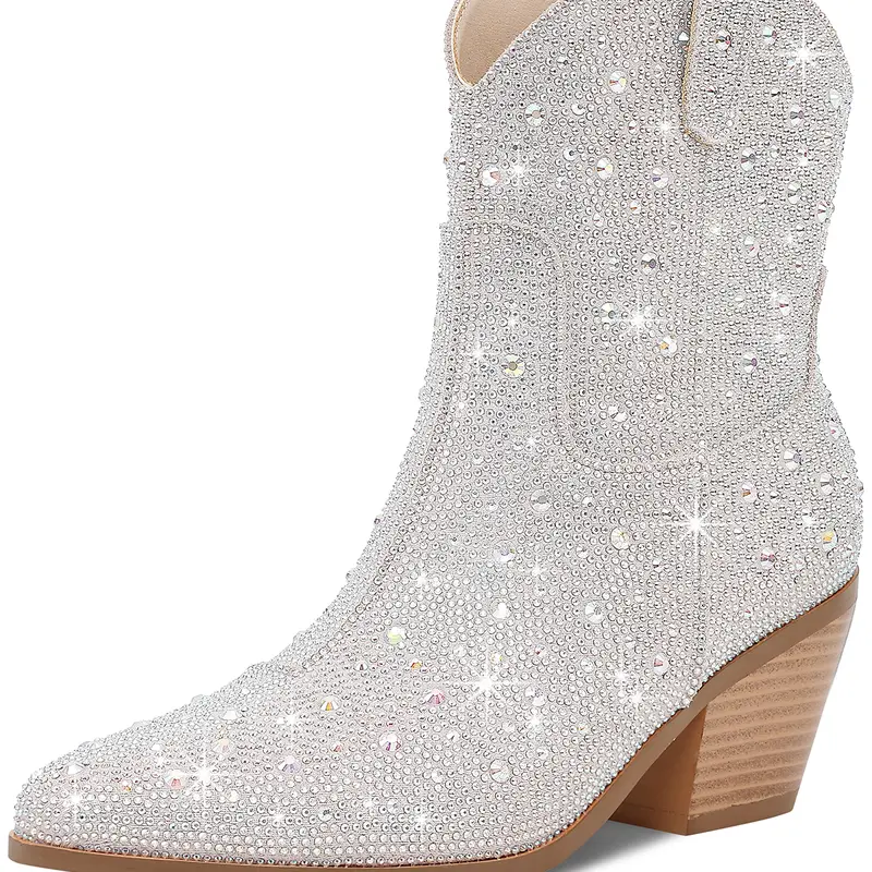 RONILURN Women's Pointed Multicolor Rhinestone Cowboy Ankle Booties - Modest Block Heel, Glitter, Western Outlaw Cowboy Aesthetic, Side Zipper, All-Season Comfortable Heels for Women, Country Concert Outfit,outdoorfun