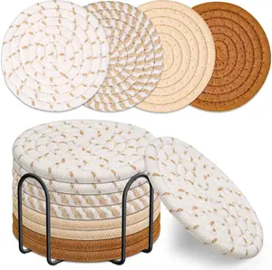 8 Pcs Drink Coasters with Holder, Minimalist Cotton Woven 4 Colors Absorbent Coaster Set for Home Decor Tabletop Protection Suitable for Kinds of Cups, 4.3 Inches.(NO.2) coaster sets