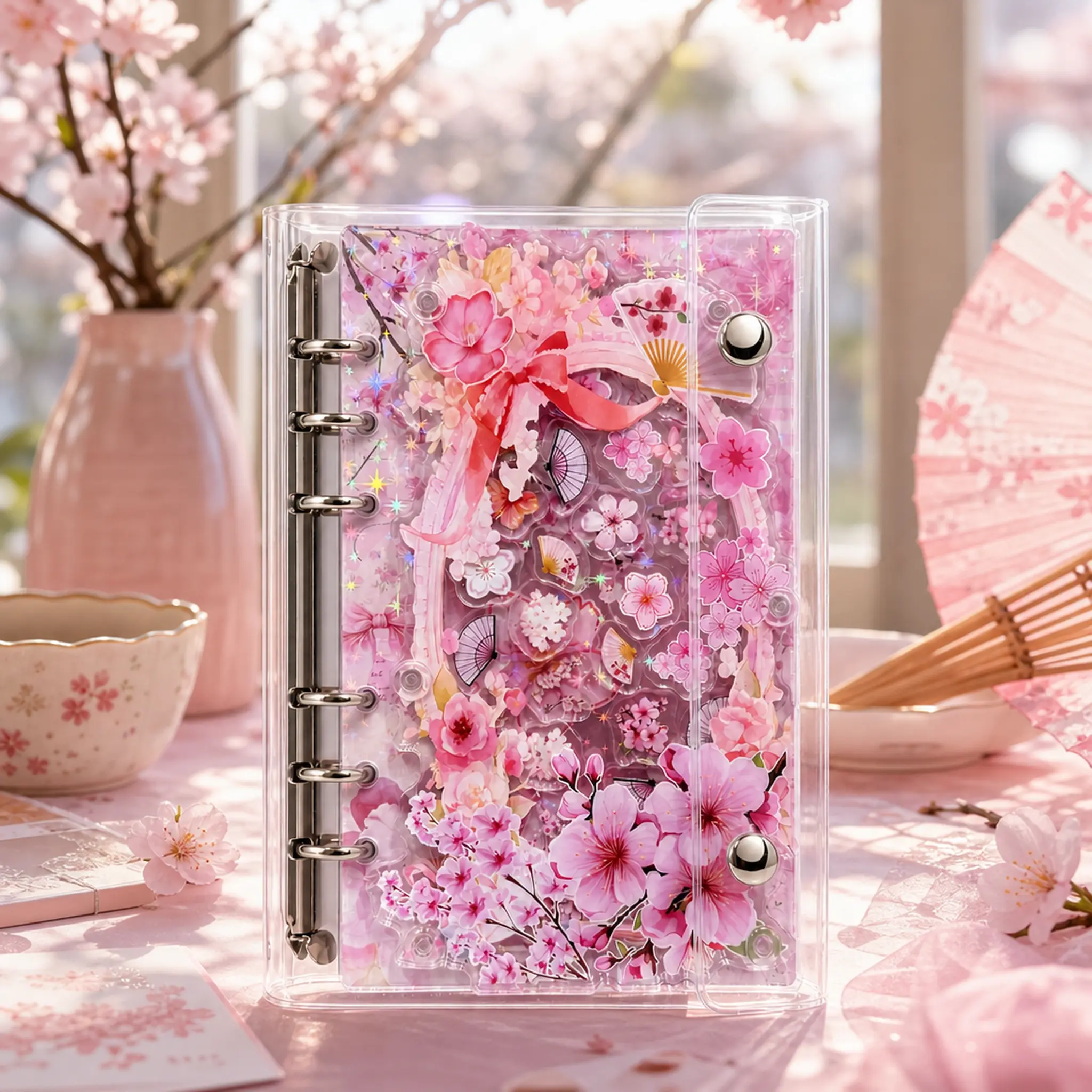 A6 Refillable Binder Notebook Cute Cherry Blossom Clear Acrylic Cover Photo Sleeves Photocard Holder Journal 6 Ring Page Replacementfor School Supplies Student Planner