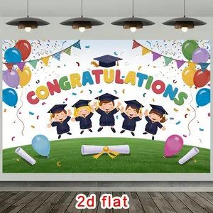 2D Flat Graduation Banner, Polyester Party Decoration Supplies with Colorful Caps, Cheerful Balloons, Confetti – Ideal for Graduation, Birthday Events (Home & Festive Backdrop)