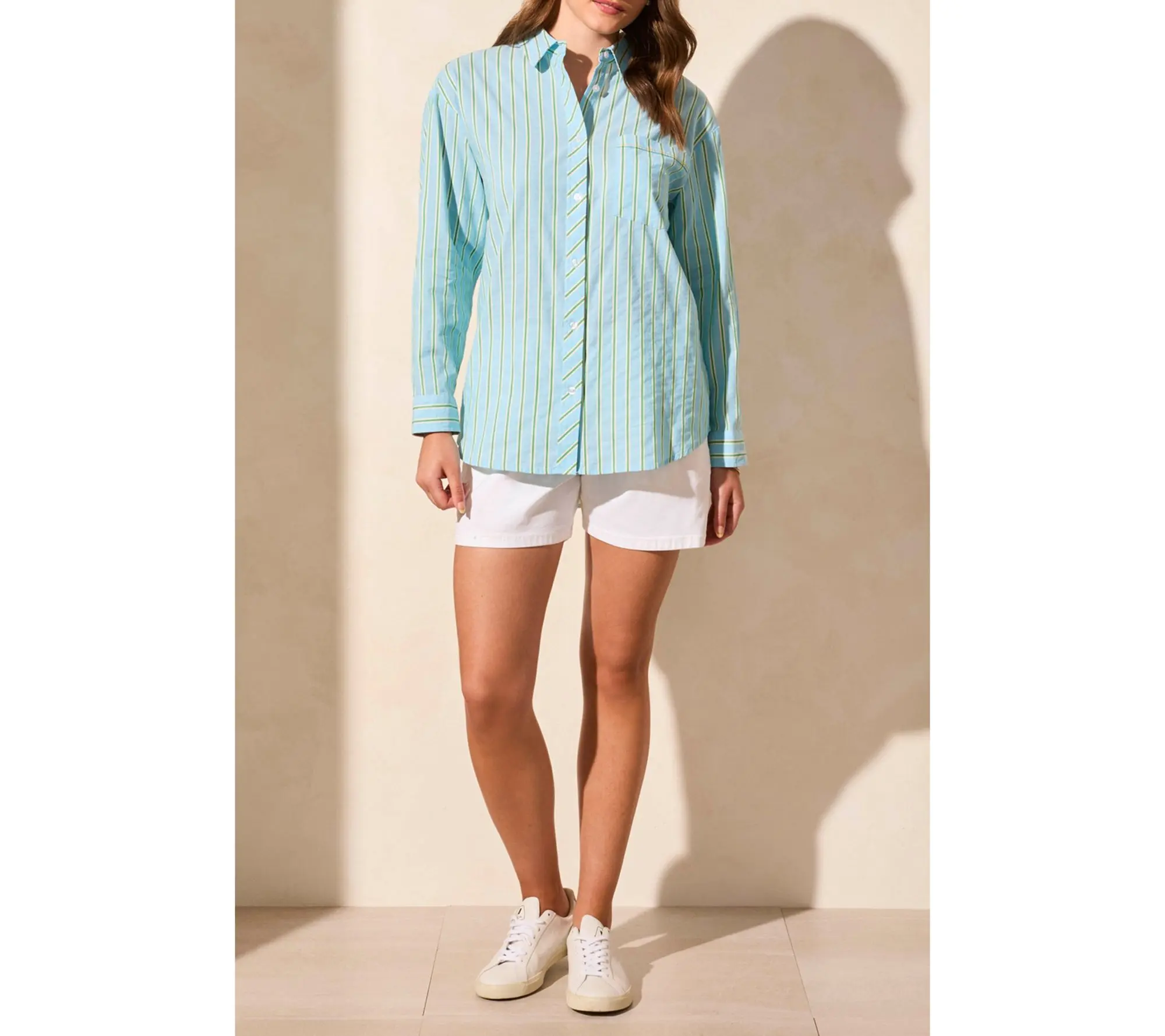 Tribal Poplin Double Stripe Roll-Up Sleeve Button-Front Shirt