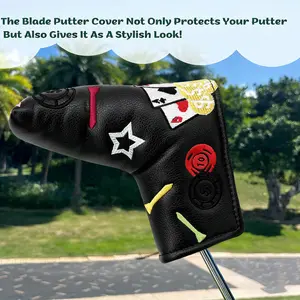 Black background with colorful 3D multi-element embroidery Golf putter cover Poker smiley design High-quality PU leather Strong cushioning Shockproof and drop-resistant Scratch and impact resistant A must-have golf accessory
