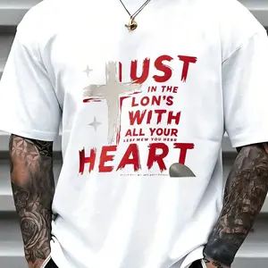 Just In The Lion's With All Your Heart Graphic Tee - Casual Crew Neck 100% Cotton T-Shirt, Super Soft & Breathable Summer Top with Bold Red Lettering and Cross Design - Perfect Gift for Friends and Family