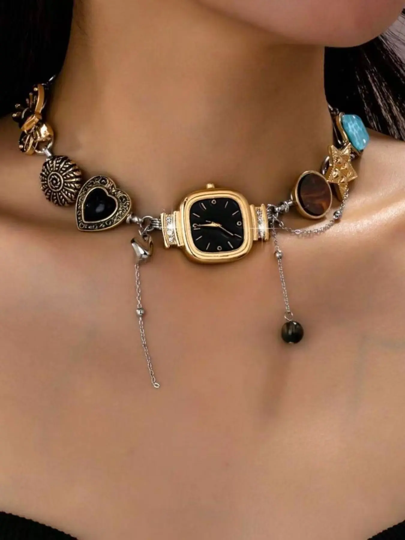 1pc Y2K Style Multi-Element Costume Jewelry Necklace With Watch/Heart/Star/Butterfly Charms, Fashion Accessory Necklace, Charm Necklace ForWomen, Ideal Valentine's Day Gift