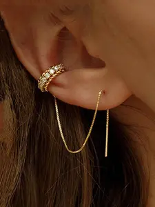 Women's Elegant Rhinestone Accents & Unique Chain Feature Design Ear Cuff, Exquisite Long Thread Earrings, Chic Gorgeous Jewelry As Gift for Girlfriend