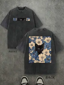 "Cat in the Flowers" Vintage Graphic T-Shirt | Retro Washed 230gsm Cotton Oversized Tee, Women's &Men's Casual Streetwear Comfort Top, Double-Sided Print Soft Tshirt Vintage Floral Feline Graphic Top