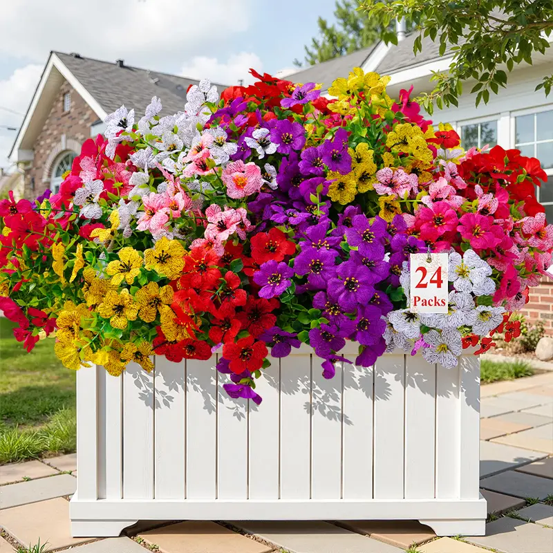 24 Packs 6-Color Artificial Outdoor Flower , UV Resistant Fake Flowers For Outdoor, Artificial Flower For Outdoor, Outdoor Decor, House Decor, Yard deocr, Father's Day Gift,SummerVibes