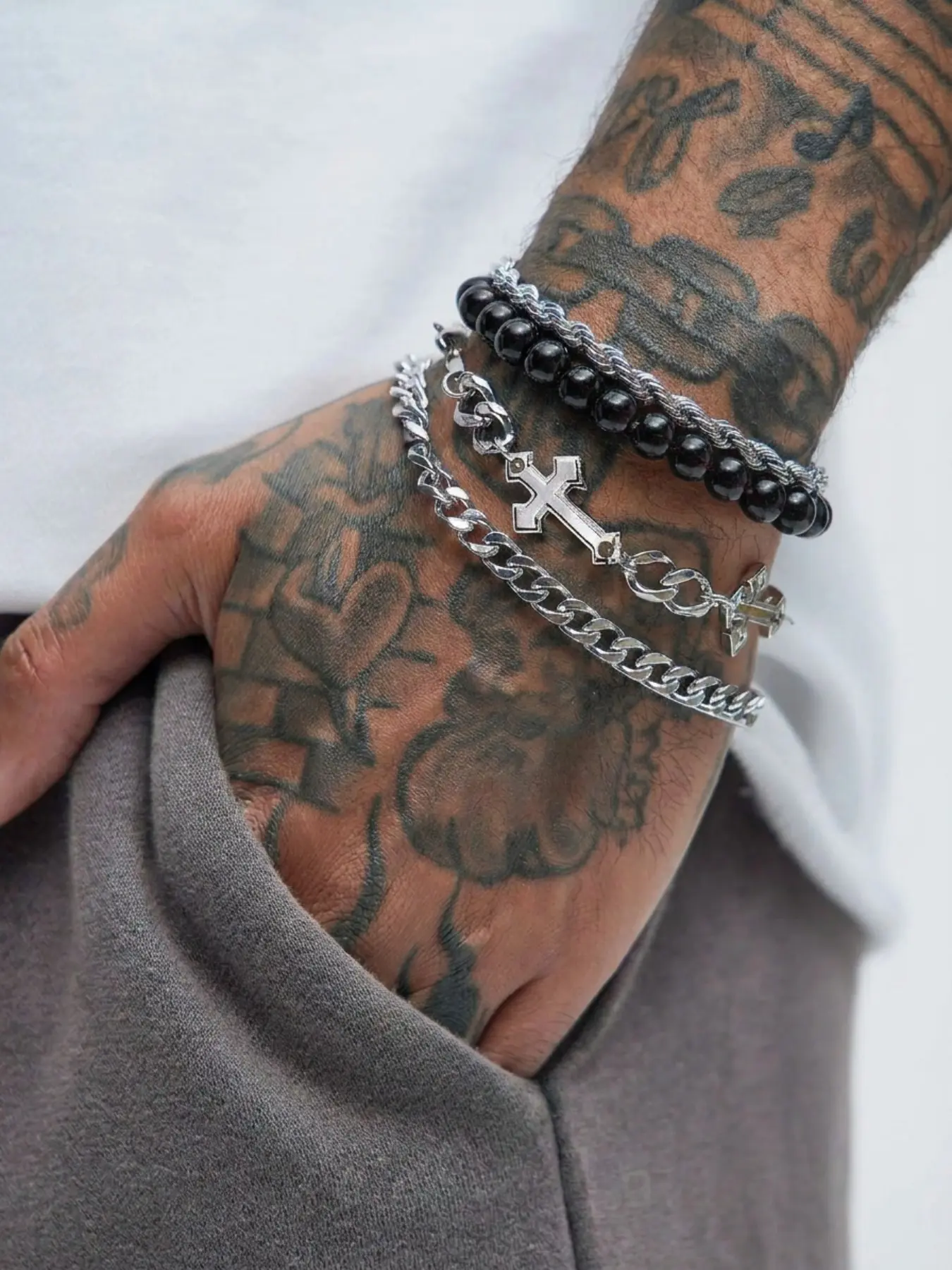 4 Piece Cross Bracelet Set, Punk Style, Silver Color Cuban Chain & Bead Chain, Unique Design, All Seasons Fashion Accessory, Chunky Link Bracelet, Bracelet Jewelry, Cuban Chain Bracelets, Bracelets Stack