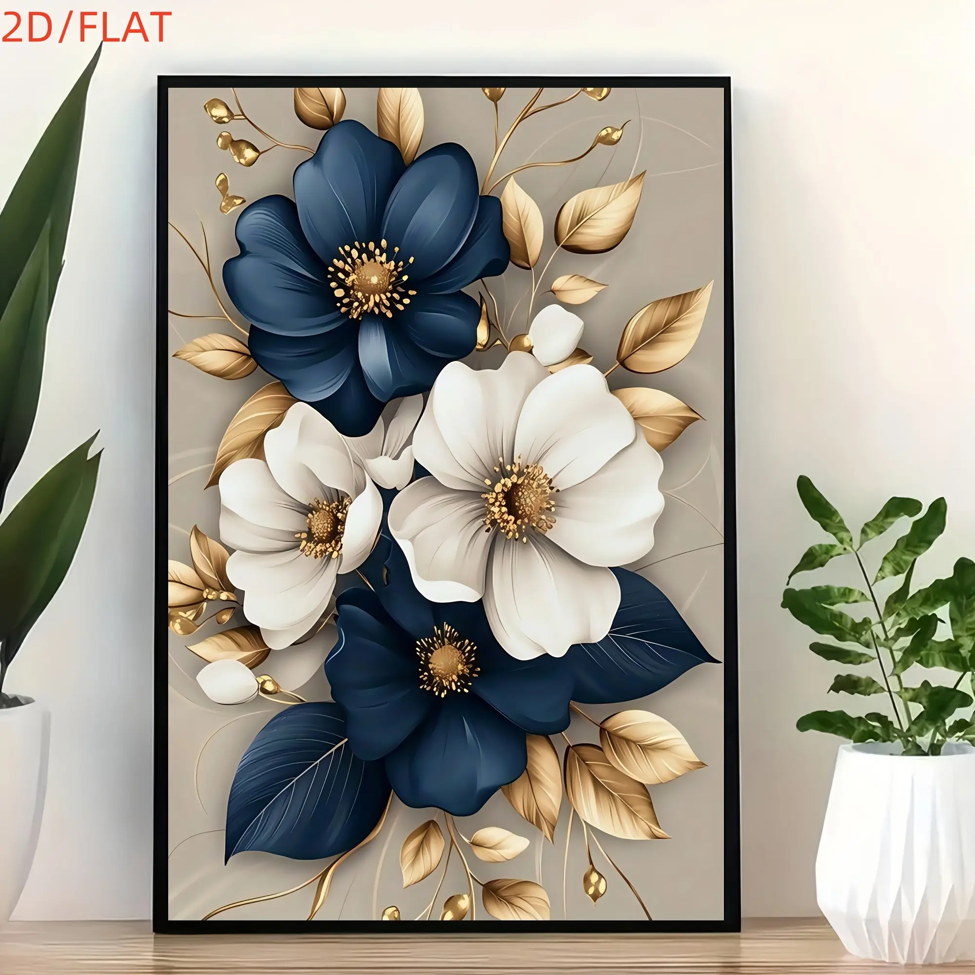 2D Flat, 1 2D flat elegant white and navy blue flower bouquet with Golden leaves canvas print poster, modern wall art decoration painting for living room, dining room, office, bedroom , room , wall , home decoration, 2D Watercolor Floral Artistic