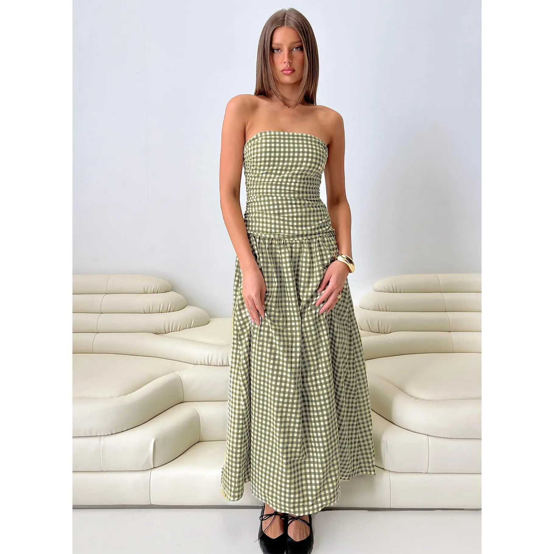Frankey Strapless Drop Waist Maxi Dress Green Check