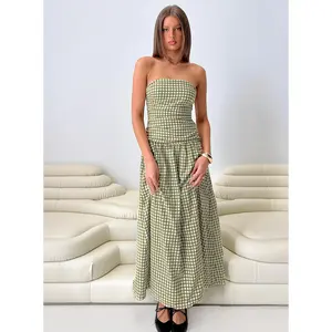 Frankey Strapless Drop Waist Maxi Dress Green Check