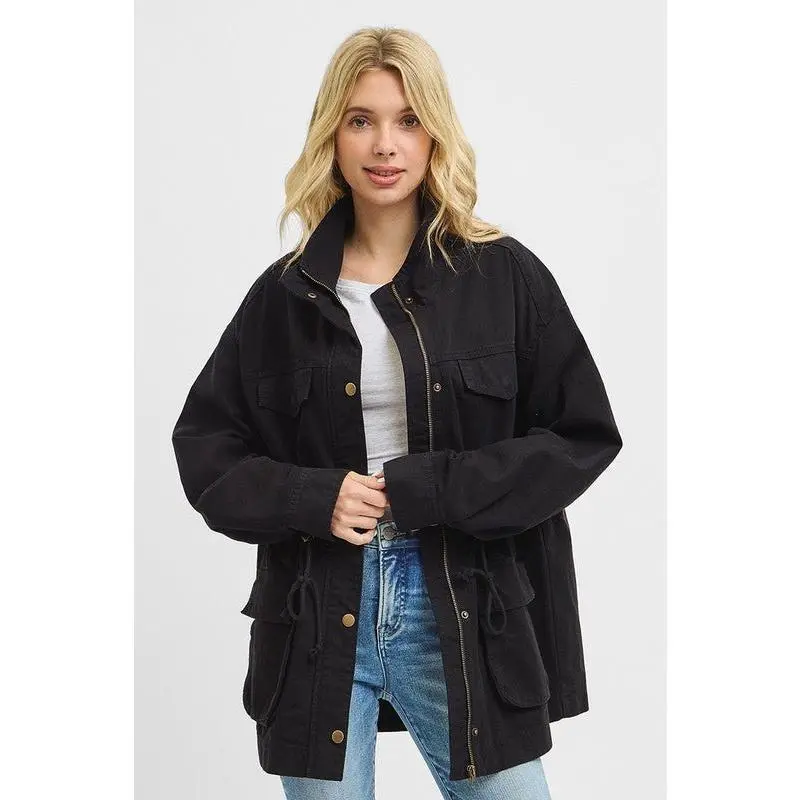 Women's Oversized 100% Cotton Utility Jacket with Zipper, Pockets & Cinchable Waist - Long Sleeve Outerwear for Graphic Tees