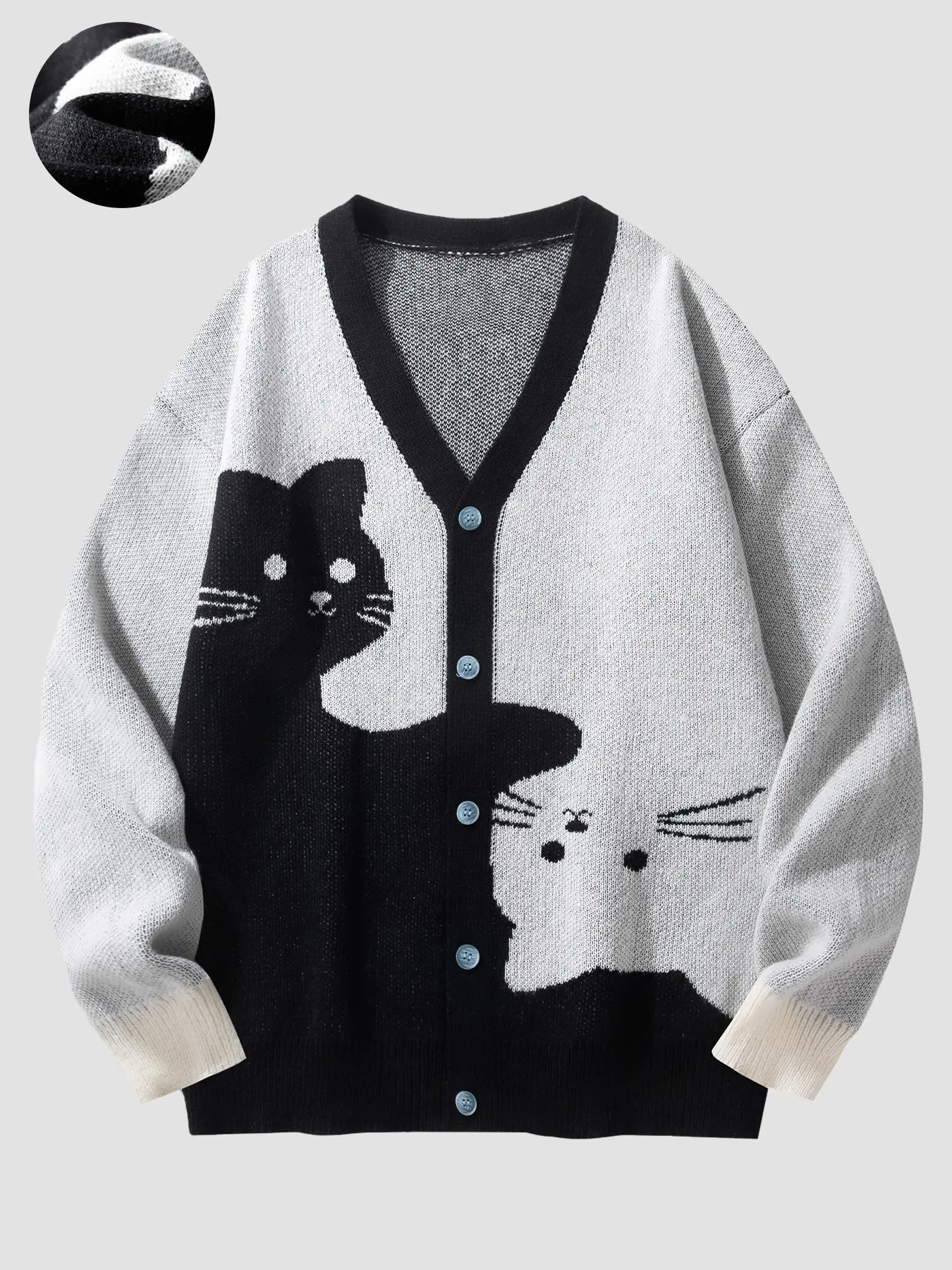 Cat Pattern Knit Cardigan, Colorblock V-Neck Button Front, Fun Animal Print, Unisex Casual Streetwear, Fall & Winter Essential, Casual Fitted Knitwear