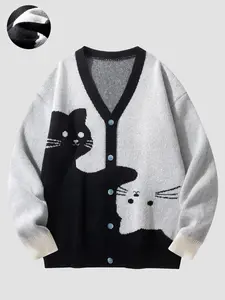 Cat Pattern Knit Cardigan, Colorblock V-Neck Button Front, Fun Animal Print, Unisex Casual Streetwear, Fall & Winter Essential, Casual Fitted Knitwear