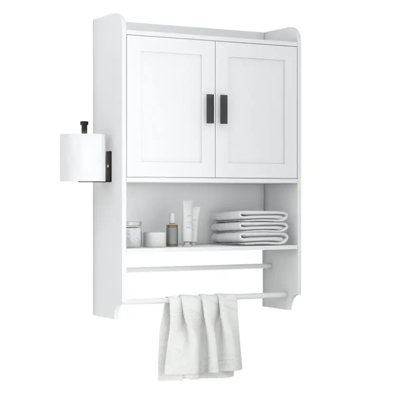 White Bathroom Cabinet Wall Mounted with Towels Bar, Bathroom Medicine Cabinet with 2 Door Adjustable Shelves, Over Toilet Cabinet for Bathroom Laundry Room Kitchen