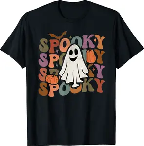 Vintage Groovy Spooky Vibes Pumpkins Ghost Hippie Halloween T-Shirt - Sarahreb Shop 47B0BC4QQCYL