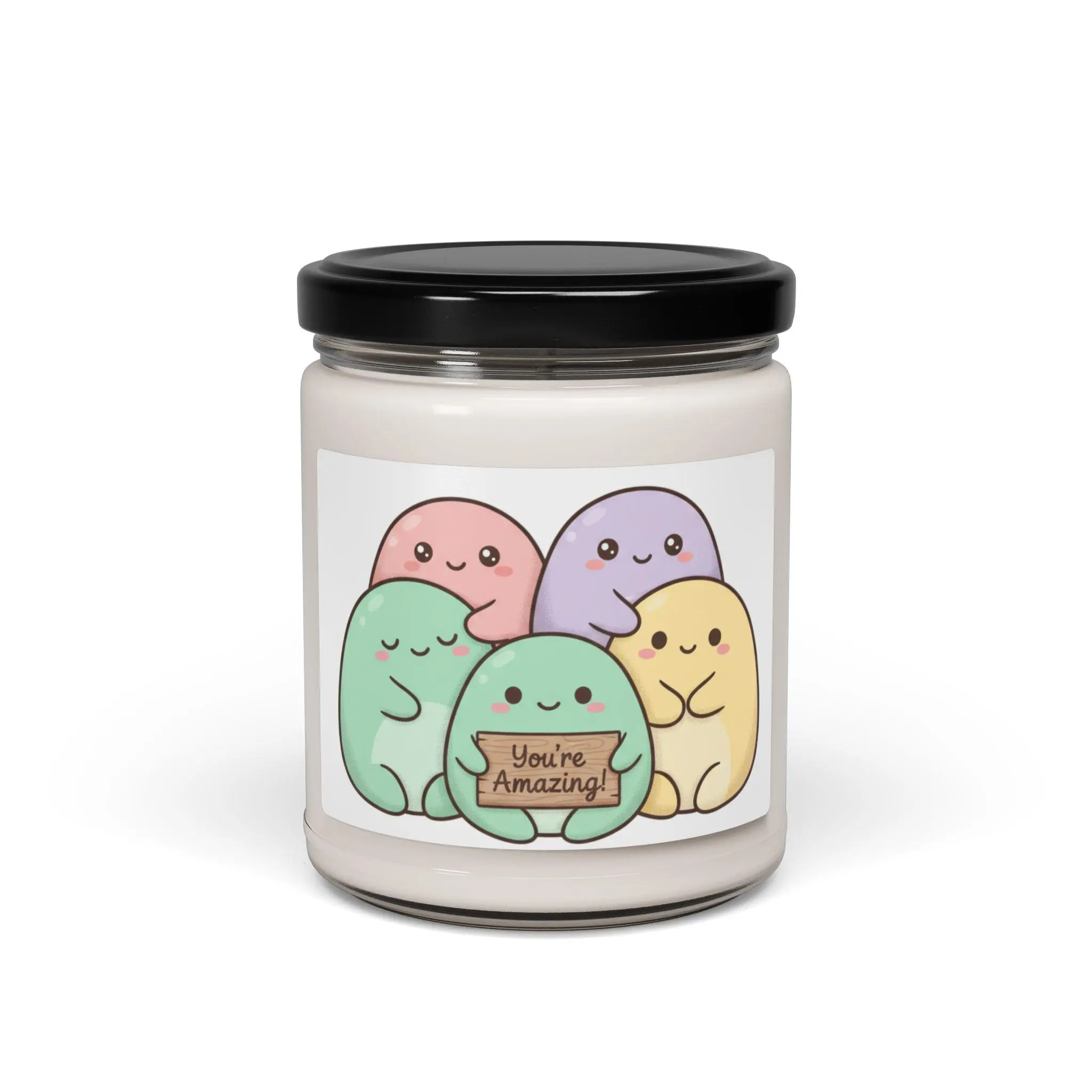 9oz Novelty Scented Soy Household Candle - Cute Monster Friends Kawaii Blob Creature Design, Creamy Coconut Thoughtfully Composed Scents, Wick-Infused Glass Jar, Soft Light Shared Apartment Christmas Home Decor, Evening, Hand-Poured 9 Oz Reusable Glass Ve