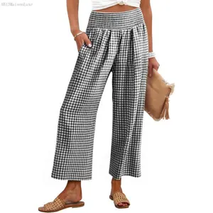 Women Striped Gingham Wide Leg Palazzo Pants Casual Lounge Cropped PJ Bottoms Comfy Cute Plaid Pants with PocketsAB13MaisonLuxe