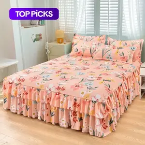 Floral Print Ruffled Edge Bed Skirt Set, 3 Counts/set Bed Skirt & Pillowcase (No Filler Included), Versatile Use Bed Sheet Sets, Soft Comfortable Breathable Bedding Set for Home Bedroom, Flower Printed Bedding Set, Floral Print Design #GLOBAL PICKS