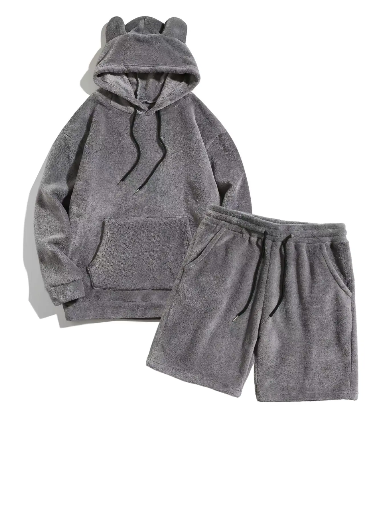 fall outfits Autumn and winter men's plush hooded bear-ear sweatshirt and shorts set, loose fit, suitable for all body types. The fabric is soft and comfortable, presenting a fashionable, casual, homey and laid-back style