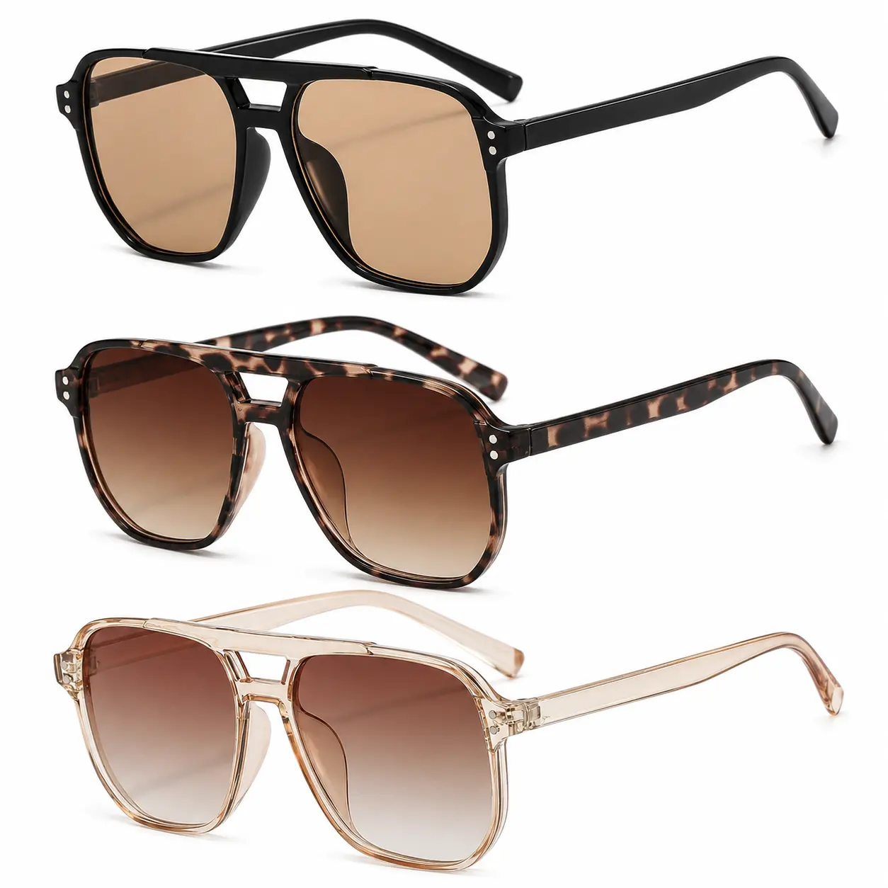 Unisex Retro Aviator Sunglasses (1 Pair) - Full Rim Plastic Double Bridge Square Frame, Gradient Lenses, Bold Look, Casual Fashion Shades, Multiple Colors, Travel & Daily Wear, Vintage