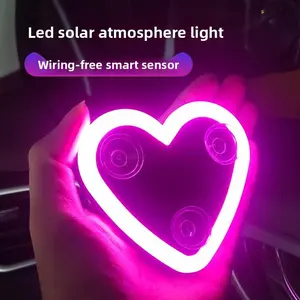Led Love Heart Car Atmosphere Light, 5 Lighting Modes Solar Powered Heart-Shaped Neon Decor Light, Waterproof Wireless Easy-Install Auto C-Pillar Accessory