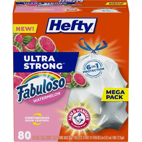 Hefty Ultra Strong 13 Gallon Trash Bags, Tall Kitchen Trash Bags 13 Gallon Size, Resist Leaks, Punctures, and Rips, Continuous Odor Control, White, Fabuloso Watermelon Scent, 80 Bags