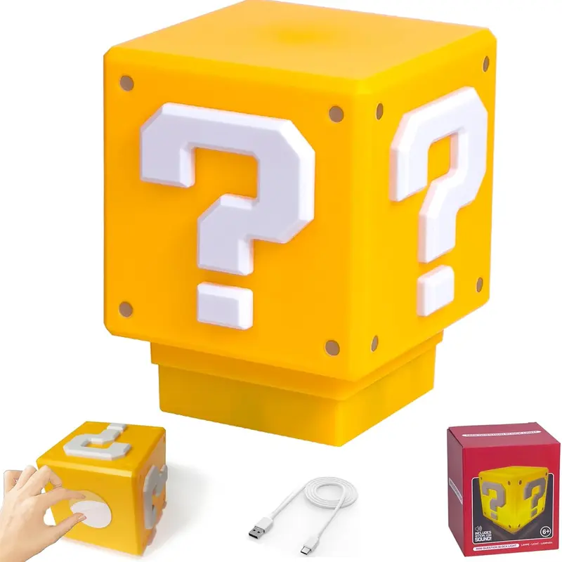 Mini Super Bros USB-Powered Question Mark Charging LED Night Light - Building Block Design with Game Sound Effects, Bedroom Decor Lamp, Desk Decor, Ambient Lighting, Novelty Lighting, Light Up Your Space, Mini Gift Gadget