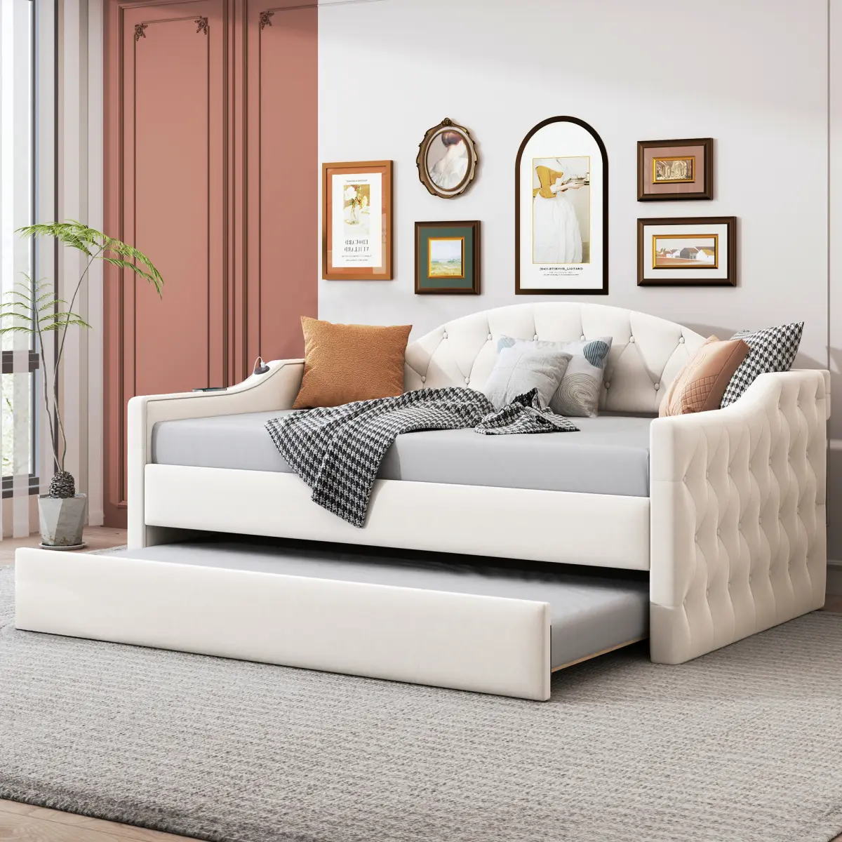 Twin Size Upholstered Daybed with Trundle ,Velvet Sofabed Wood Frame with USB&Type-C Charging Ports, No Box-spring Needed, Beige