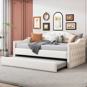 Twin Size Upholstered Daybed with Trundle ,Velvet Sofabed Wood Frame with USB&Type-C Charging Ports, No Box-spring Needed, Beige