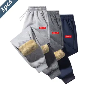 Men's Casual Fleece Pants Three-Piece Set with Thick Sherpa Lining, Slant Pockets, 100% Polyester Fiber, Solid Color Sports Trousers for Comfort and Style
