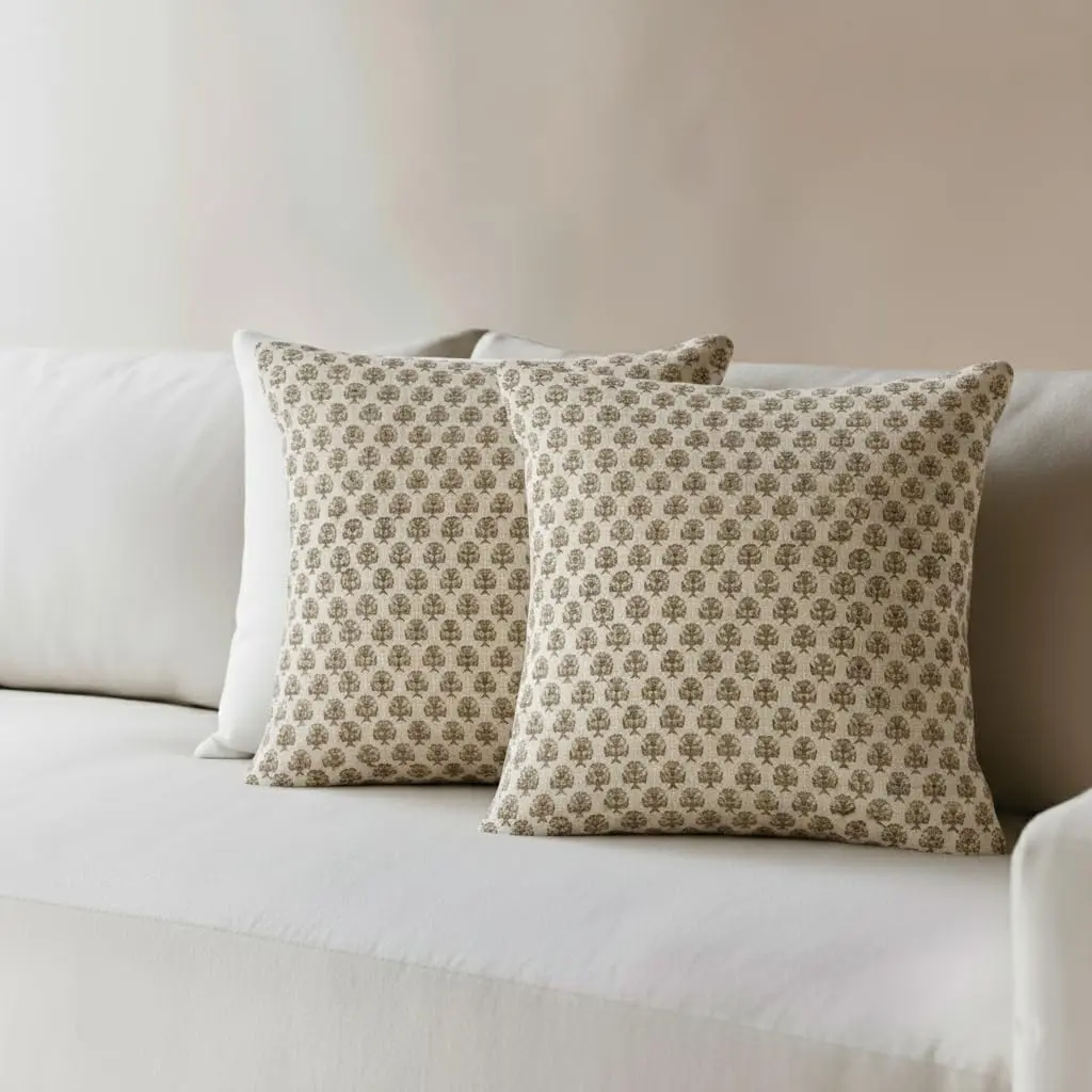 RAMETI Studio 18x18 Block Print Pillow Covers – Set of 2 – Beige – Handcrafted Cotton-Linen Decorative Throw Pillow Cases for Sofa, Couch, or Bed