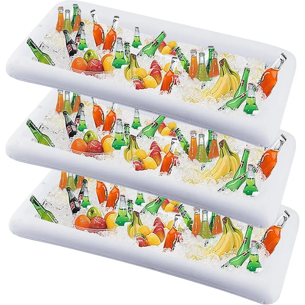 3-Pack Rectangular Inflatable Serving Bar with Drain Plug, 51" L x 25" W x 4.5" H Ice Buffet Cooler Containers for Salad, Food, Drinks, Easy to Clean Deflate-and-Fold Kitchen & Bar Supplies for Pool Party, Family Gatherings