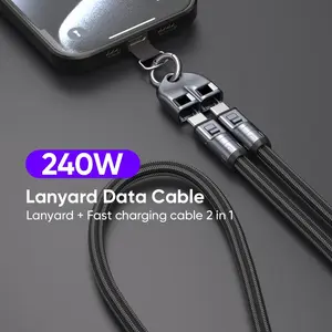 240W USB-C Fast Charging Phone Lanyard 7mm Nylon Crossbody Wrist Strap Durable Smartphone Cellphone Accessory with Lanyard Data Cable 2 in 1