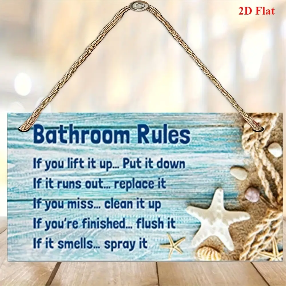 Beach Bathroom Rules Wooden Hanging Sign, Starfish Seashell Coastal Wall Plaque, Nautical Bathroom Decor, Housewarming Gift, Suitable for Birthday & Christmas