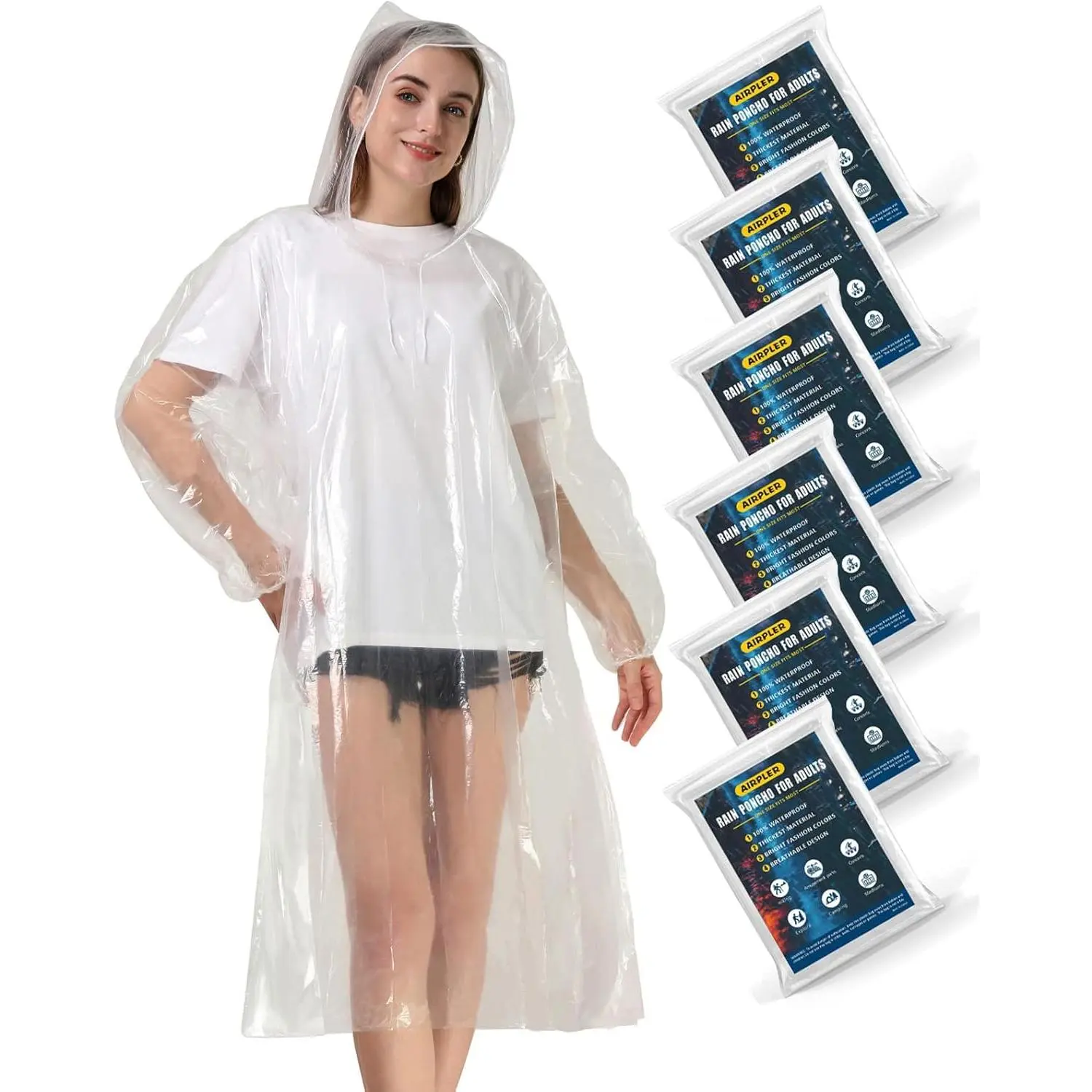 Rain Ponchos for Family Adults 6 Pack Clear - Disposable Rain Poncho for Women and Men with Drawstring Hood