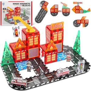 deAO Magnetic Tiles for Kids , 48PCS Construction Magnet Tiles with Fire Truck Station, Building, Road, Crane, Car Truck , Magnetic Tiles for Kids Ages 4-8, STEM Magnetic Blocks Gifts for 3 4 5 6 7 8 Year Old Boys
