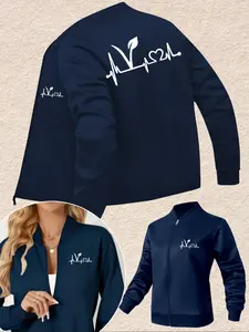 Women's Casual Letter Print Geometric Long Sleeve Jacket, European Style Ladies Outerwear, Comfortable, Stylish and Cute Women's Clothing Coats