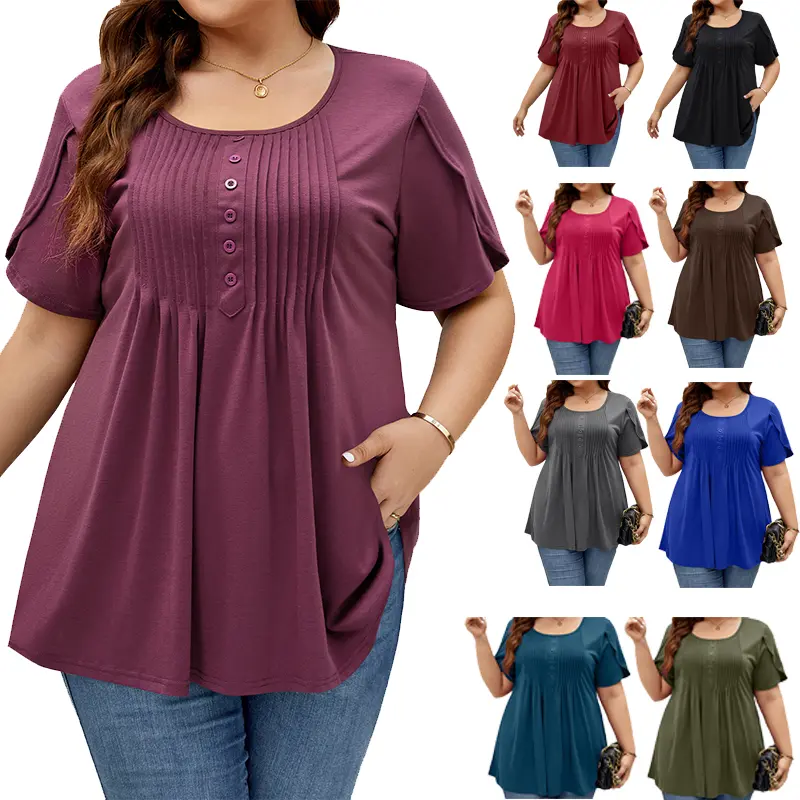 [1X-5X]Auciccoo Plus Size Tunic for Women Summer Tulip Short Sleeve Tunic Tops Scoop Neck Solid Casual Soft Top Womenswear Blouses Short Sleeve Shirts