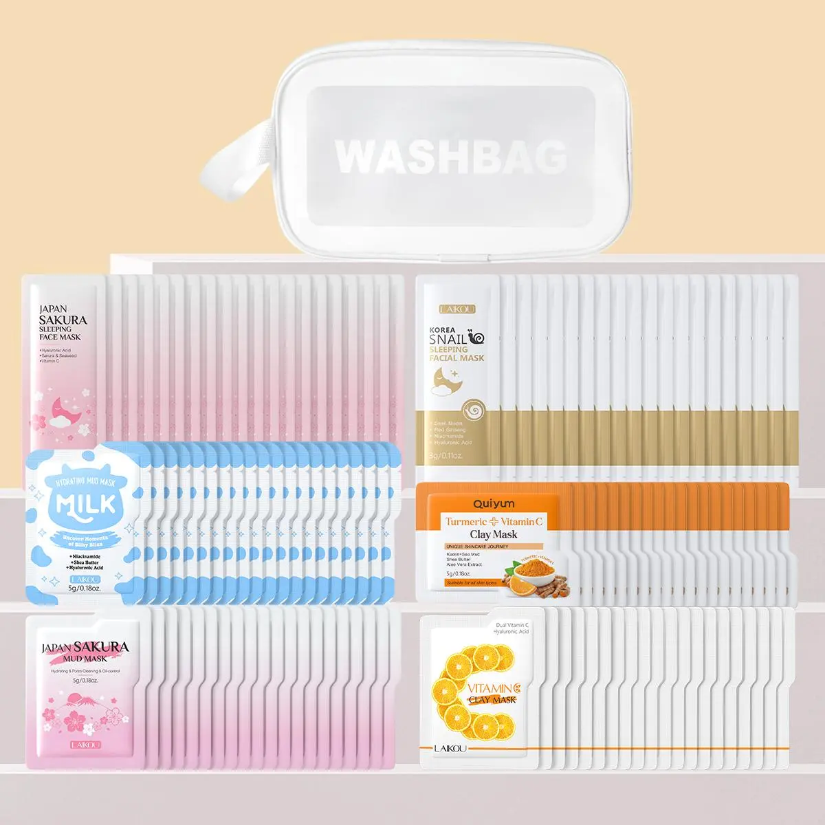Laikou Mud & Sleeping Masks Set: Skin Care Mask, Sakura, Vitamin C, Milk, Turmeric Mud Masks 5g×20 each, Sakura, Snail Sleeping Masks 3g×20 each, Pore Cleansing Mask, Hydrating Overnight Mask, Makeup Bag, Glow Up Bundle Face Mask Set