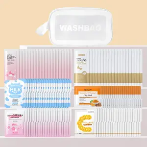 Laikou Mud & Sleeping Masks Set: Sakura, Vitamin C, Milk, Turmeric Mud Masks 5g×20 each, Sakura, Snail Sleeping Masks 3g×20 each, Pore Cleansing Mask, Hydrating Overnight Mask, Makeup Bag, Glow Up Bundle