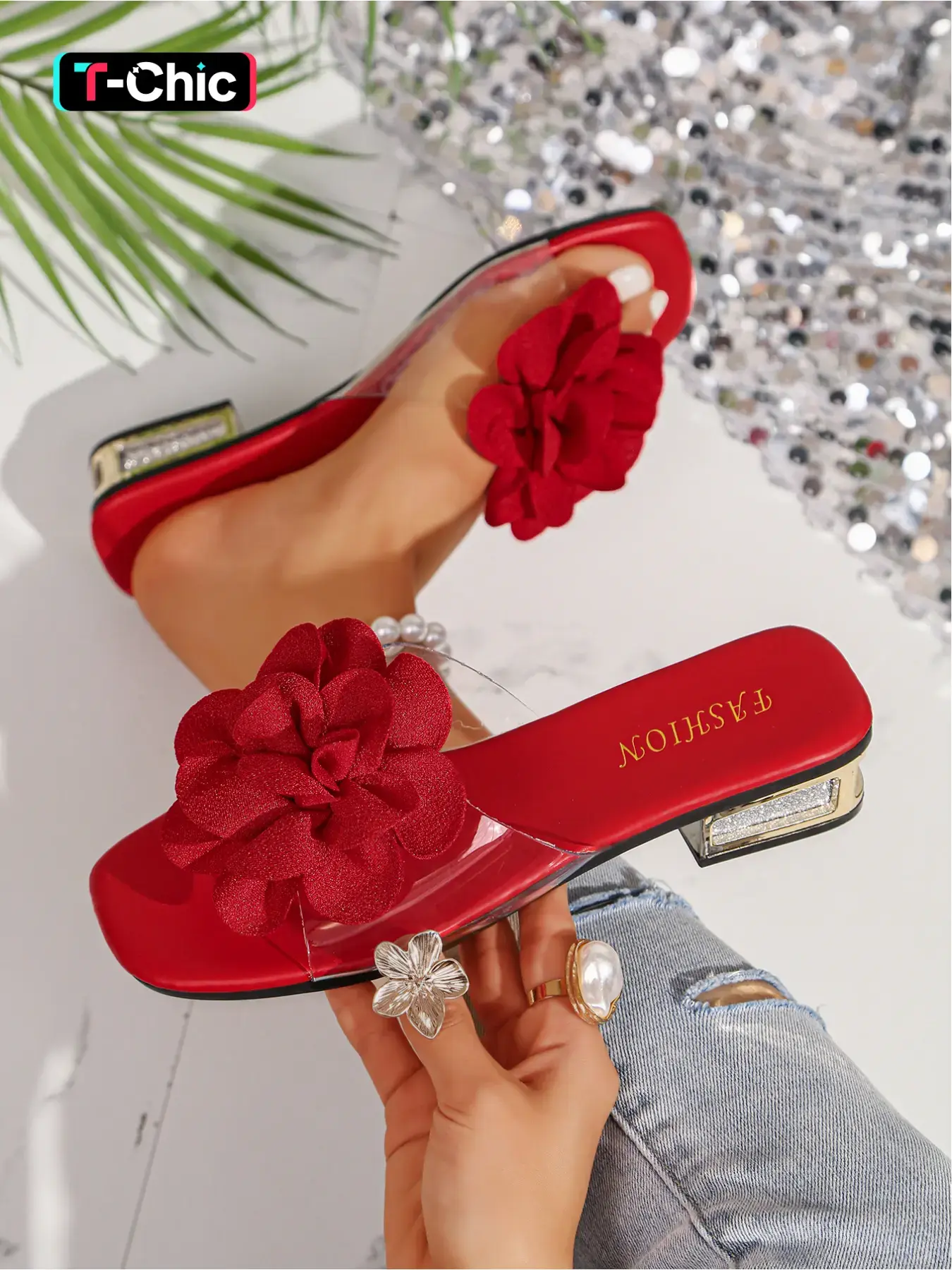 Women's new summer fashion square-toed Glitter Decorated floral pattern sandals with floral decoration and square heel, suitable for casual wear, comfortable for daily commuting and shopping Footwear