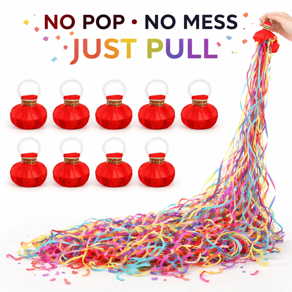 10-Pack Hand Pull Confetti Poppers with Long Colorful Throw Streamers, No-Mess Paper Party Favors & Gifts for Wedding, Birthday