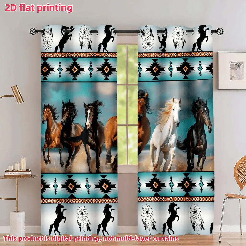 2D Flat 2Pcs Tribal Horse Printed Window Curtain, Western Aztec Geometric Pattern, Semi-Shade Rod Pocket Drapes, Window Curtain Panels, for Living Room, Bedroom, Dining Decor, Home Decoration Curtain, Accessory, Anti-Privacy.
